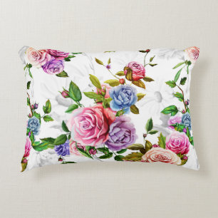 Roses, peony with leaves and chamomile with cornfl decorative cushion