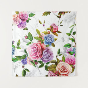 Roses, peony with leaves and chamomile with cornfl tapestry