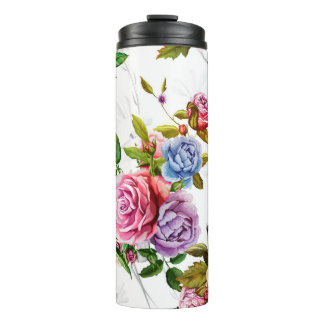Roses, peony with leaves and chamomile with cornfl thermal tumbler