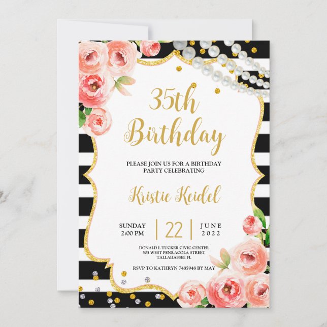 Roses & Perl Birthday Party Invitation (Front)