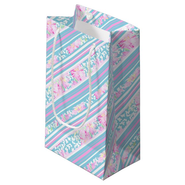 Roses, Pink Blue White Stripes Small Gift Bag (Front Angled)