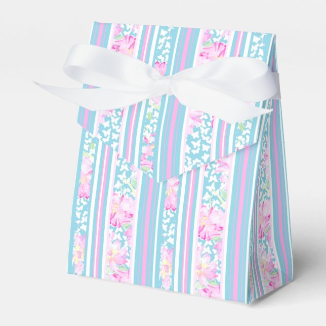 Roses, Pink Blue White Stripes Tent Favour Box (Front Side)