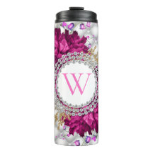 Roses Pink Burgundy Diamonds Elegant Monogram
