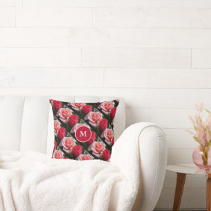Roses Pink Red Floral Pattern Custom Monogram Cushion
