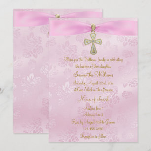 Roses, Pink Ribbon & Gold Cross Baptism Invitation