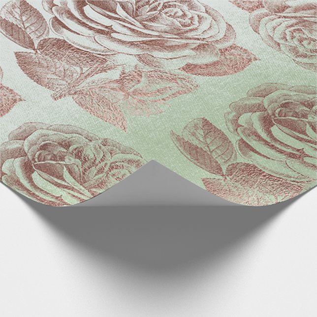 Roses Pink Rose Gold Metallic Floral Blush Mint Wrapping Paper (Corner)