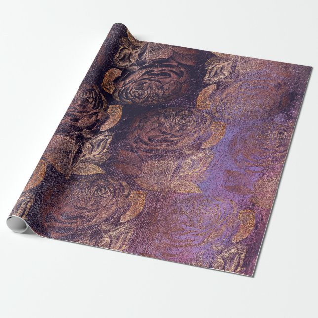 Roses Pink Rose Gold Metallic Floral Burgundy Plum Wrapping Paper (Unrolled)