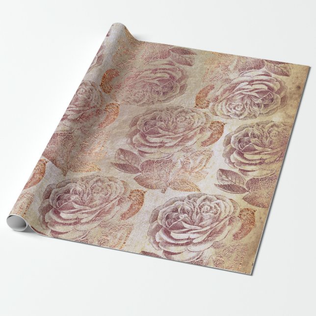 Roses Pink Rose Gold Metallic Floral Old Grungy Wrapping Paper (Unrolled)