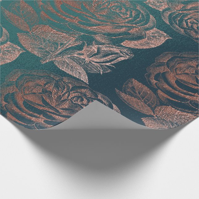 Roses Pink Rose Gold Metallic Floral Teal Green Wrapping Paper (Corner)