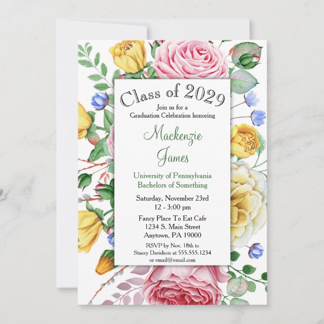 Roses Pink Yellow Floral Graduation Invitation (Front)