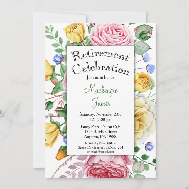 Roses Pink Yellow Floral Retirement Invitation (Front)
