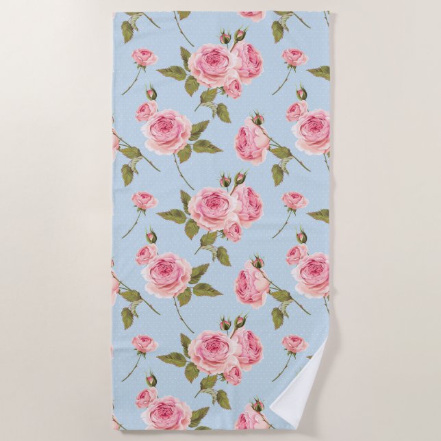 Roses & Polka Dots Pattern Beach Towel (Front)