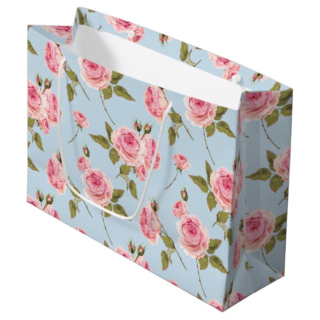 Roses & Polka Dots Pattern Large Gift Bag (Front Angled)
