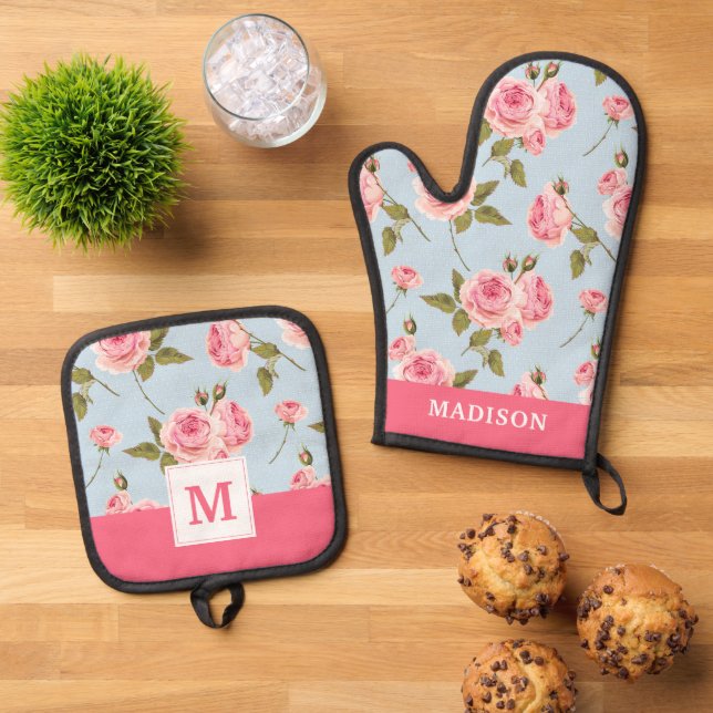 Roses & Polka Dots Pattern Oven Mitt & Pot Holder Set (Top Down)