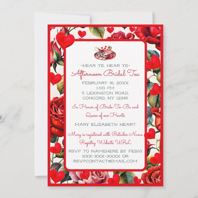 Roses & Queen of Hearts Bridal Afternoon Tea Invitation (Back)