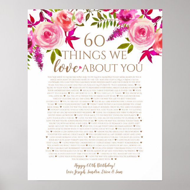 Roses reasons why we love you 60 things birthday poster (Front)