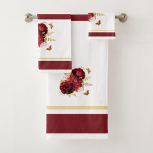 Roses Red Gold Floral Butterfly Bath Towel Set
