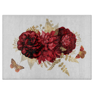 Roses Red Gold Floral Butterfly Cutting Board