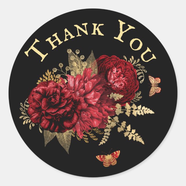 Roses Red Gold Floral Butterfly  Thank You Classic Round Sticker (Front)