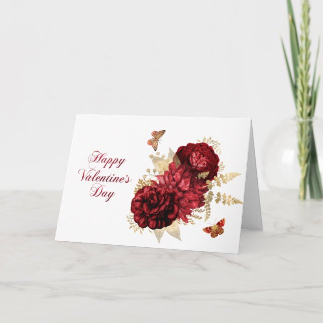 Roses Red Gold Floral Butterfly Valentine Holiday Card (Front)