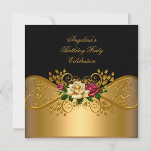 Roses Red Pink Cream Black Gold Birthday Party Invitation