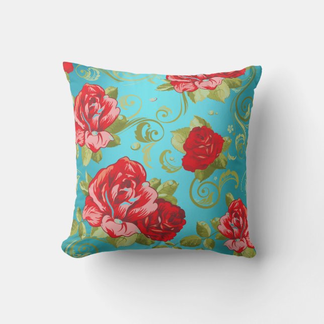 Roses Red Turquoise Green Magic Garden Flowers Cushion (Front)