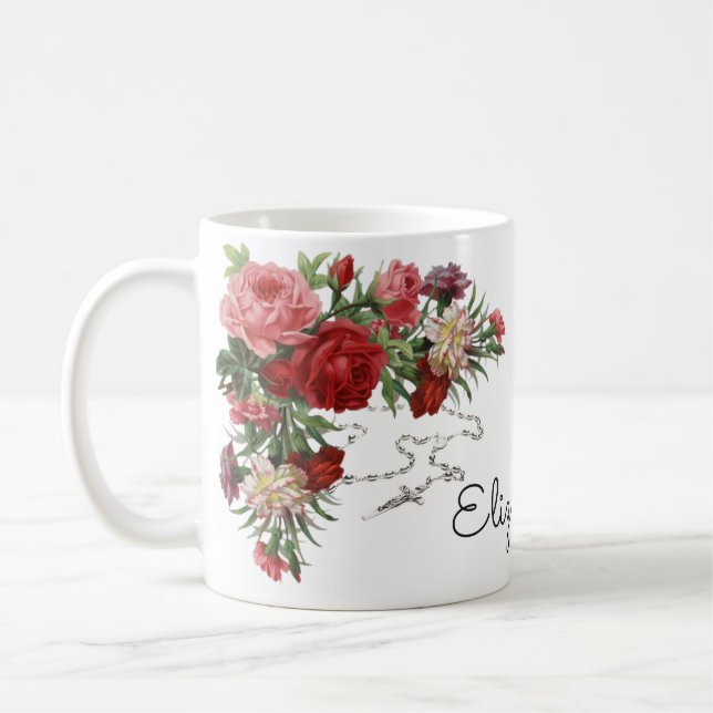 Roses Religious Holy Rosary Memorare Prayer Coffee Mug (Left)