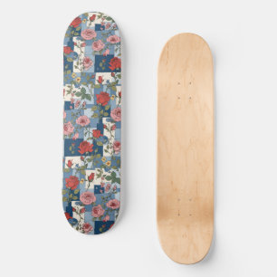 Roses Retro Blue Jean Denim Patchwork Floral Skateboard