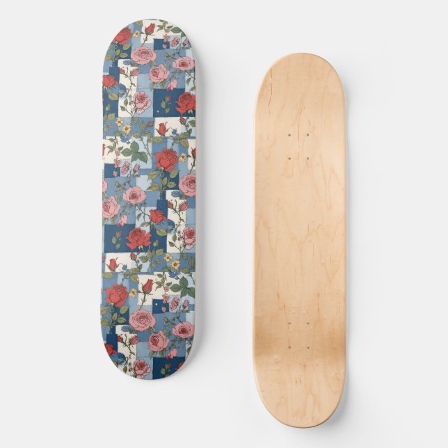 Roses Retro Blue Jean Denim Patchwork Floral Skateboard (Front)