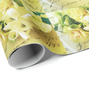 Roses, ribbon, old handwriting wrapping paper