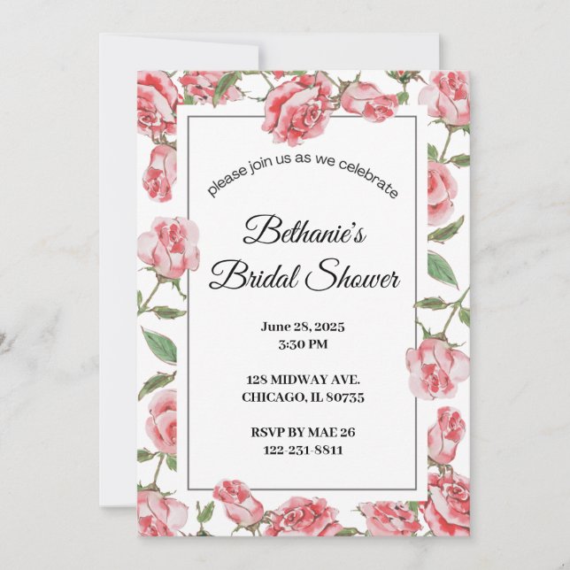 Roses & Romance: A Bridal Shower Celebration  Invitation (Front)