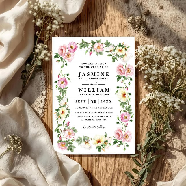 Roses Romantic Watercolor Wreath QR Code Wedding Invitation (Creator Uploaded)
