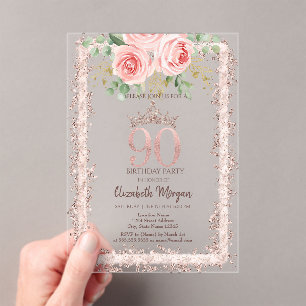 Roses,Rose Gold Glitter Frame Crown 90th Birthday Acrylic Invitations