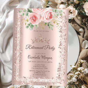 Roses,Rose Gold Glitter Frame Crown Retirement Invitation
