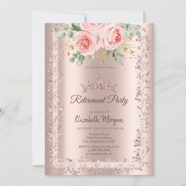 Roses,Rose Gold Glitter Frame Crown Retirement Invitation (Front)