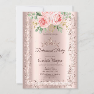 Roses,Rose Gold Glitter Frame Crown Retirement Invitation