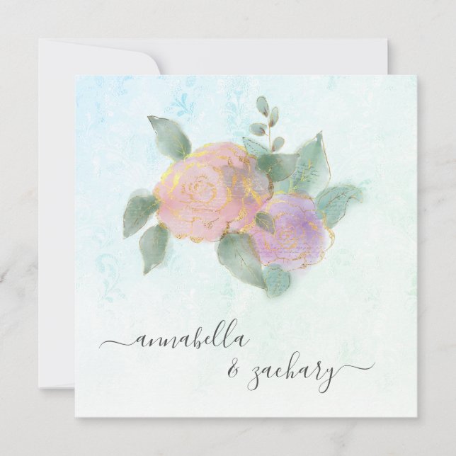 *~* ROSES + RSVP QR  Gold Glitter -  AR12 Wedding Invitation (Front)