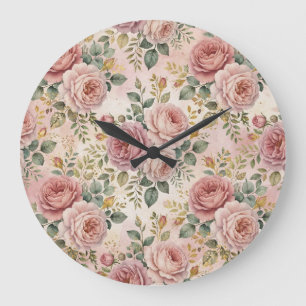 Roses Rustic Charm Dusty Rose Sage Green Gold Large Clock