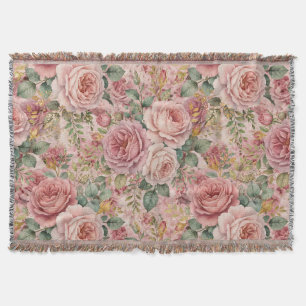 Roses Rustic Charm Dusty Rose Sage Green Gold  Throw Blanket
