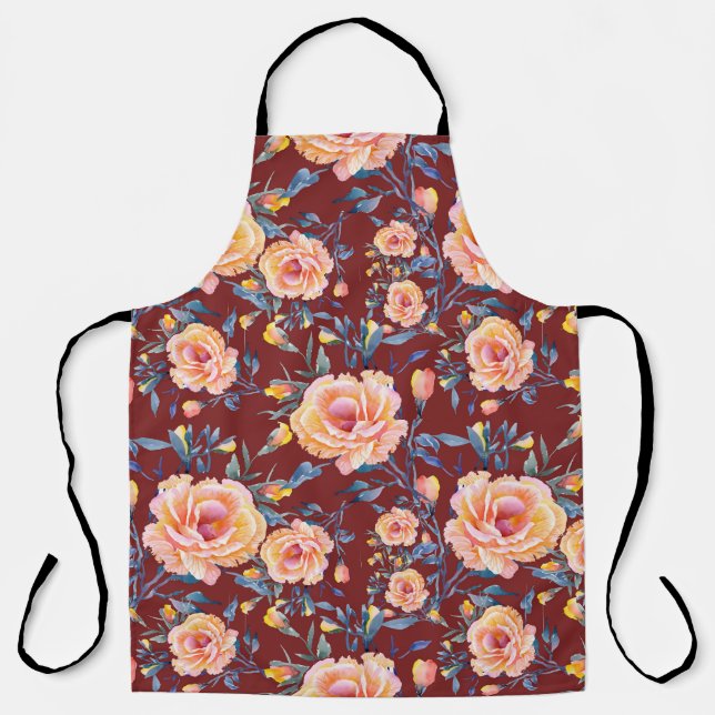 Roses, seamless, red background pattern apron (Front)