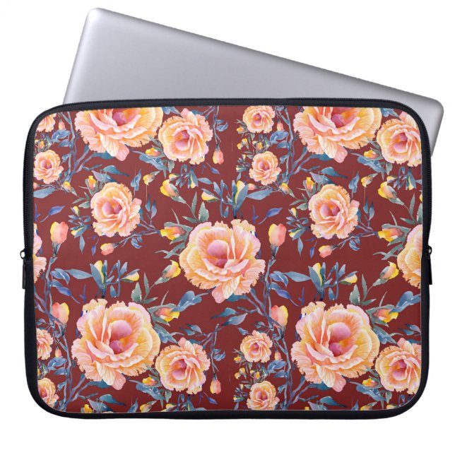 Roses, seamless, red background pattern laptop sleeve (Front)