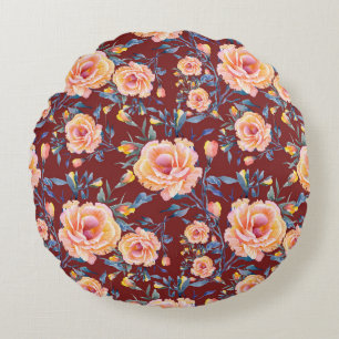 Roses, seamless, red background pattern round cushion