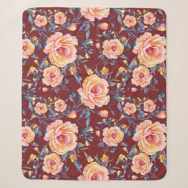 Roses, seamless, red background pattern sherpa blanket (Front)