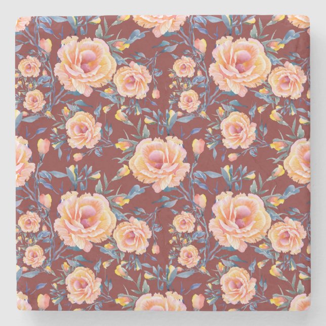 Roses, seamless, red background pattern stone coaster (Front)