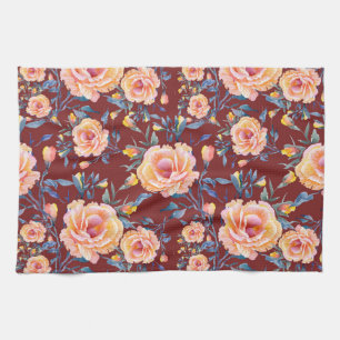 Roses, seamless, red background pattern tea towel