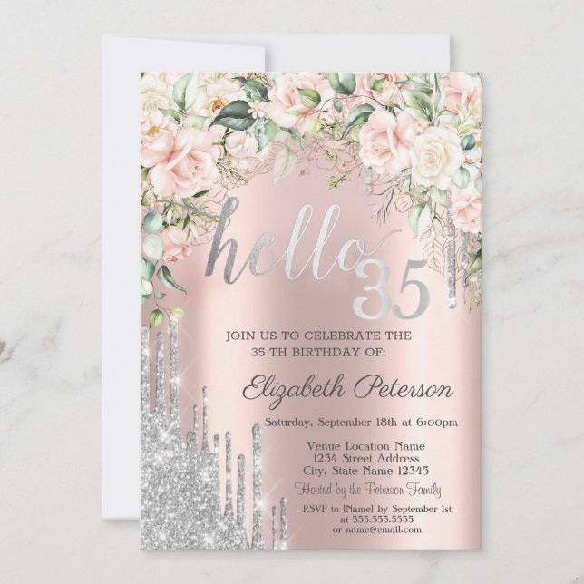 Roses Silver Glitter Drips Rose Gold 35th Birthday Invitation (Front)