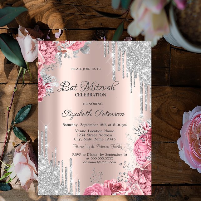 Roses Silver Glitter Drips Rose Gold Bar Mitzvah Invitation (Creator Uploaded)
