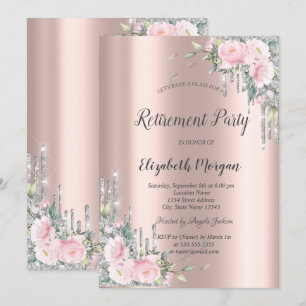 Roses,Silver Glitter Drips Rose Gold Retirement Invitation