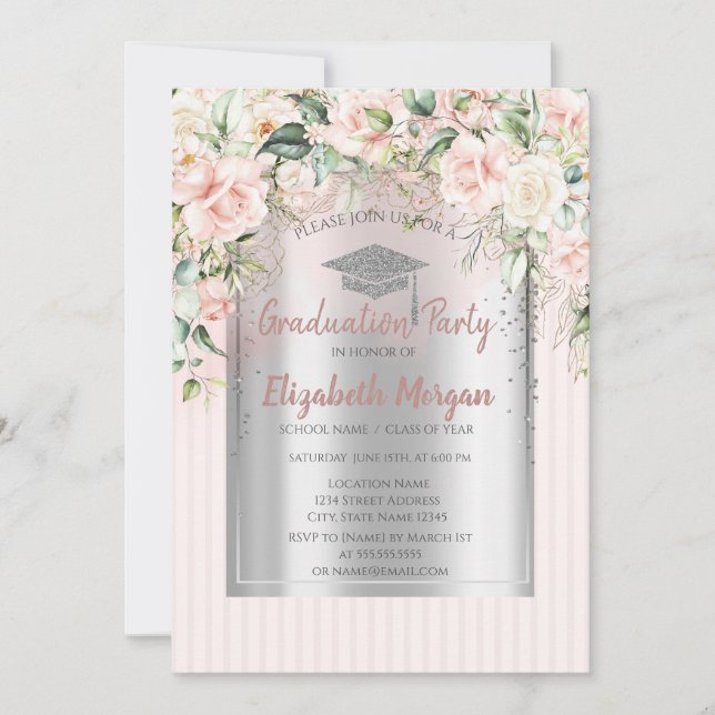 Roses Silver Grad Cap Striped Graduation  Invitation (Front)