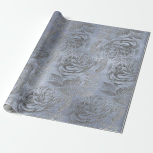 Roses Silver Gray Floral Blue Pastel Velvet Wrapping Paper